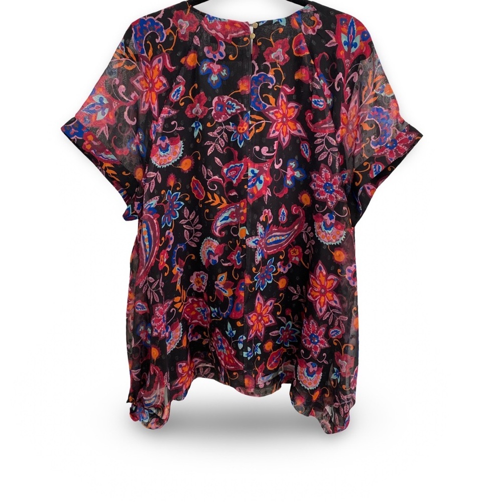 Estelle Floral Paisley Shirt Bitty Dot Metallic Asymmetrical Hem Top Size 2X - Picture 5 of 9